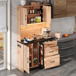 Alacena de cocina con LED enchufes y cajones natural y negro 180x105x40cm