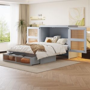 Cama empotrada, 140 x 200 cm, diseño de mimbre, cama de madera, gris.