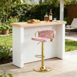 Taburete de bar terciopelo rosa giratorio ajustable con reposabrazos