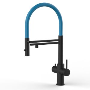 Grifo cocina 5 vías acero inox ducha 2 chorros amovible, negro / azul claro