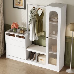 Mueble recibidor con vitrina zapatero banco espejo blanco 161x163x50cm