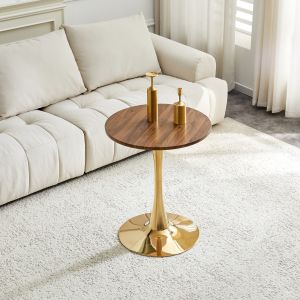 Mesa auxiliar redonda para salón comedor mdf nogal y dorado 72x60x60cm