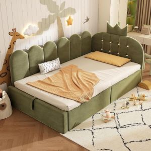 Cama de día 90x190cm terciopelo, l reversible, arcón hidráulico verde