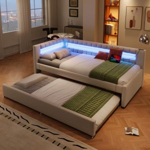Cama nido 90x200cm con LED y usb lino y mdf – beige