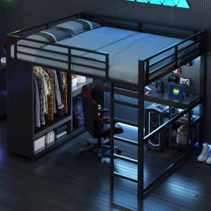 Cama alta 160x200cm  con escritorio, LED y armario abierto metal – negro