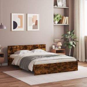 Cama cabecero y luces LED roble ahumado 160x200cm reg6590