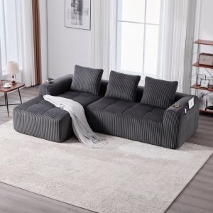 Sofá modular pana gris oscuro con bolsillos laterales portavasos 3 cojines