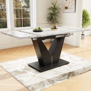 Mesa de comedor extensible mármol blanco + negro 75x99-159x75cm