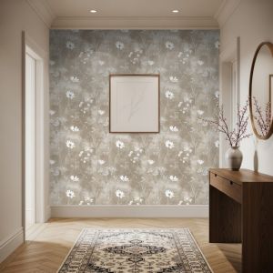 Papel floral minimalista flores blancas fondo marrón taupe 60cm por 300cm