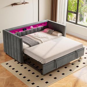 Canapé convertible 90x190cm velours con luces LED y usb c gris
