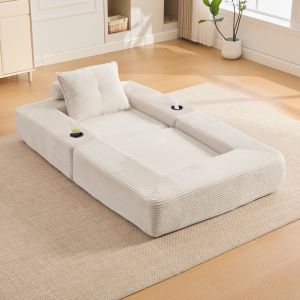 Sofá cama plegable de pana beige con bolsillo lateral y portavasos