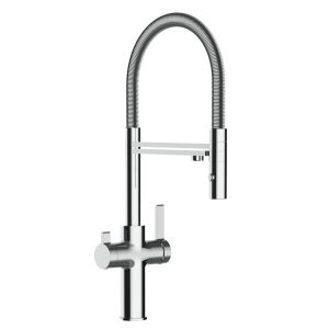 Grifo cocina 3 vías cromado FC caño giratorio flexible ducha 2chorros