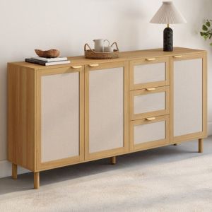 Aparador de 4 puertas de madera beige efecto lino - 160 cm