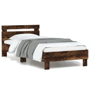 Cama cabecero luces LED roble ahumado 90x190 cm reg4794