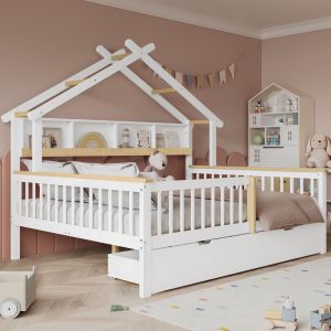 Cama juvenil 140x200cm con barandilla y 2 cajones madera – blanco y natural