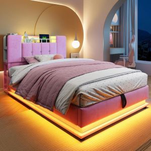 Cama capitonada infantil 90x200cm con LED usb y almacenamiento rosa
