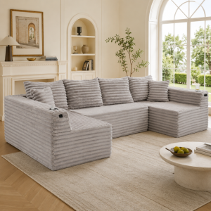 Sofá en u modular de pana gris claro 4 plazas con portavasos y bolsillo