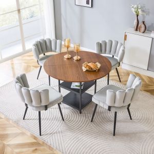Conjunto de mesa redonda nogal y negro con 4 sillas gris claro