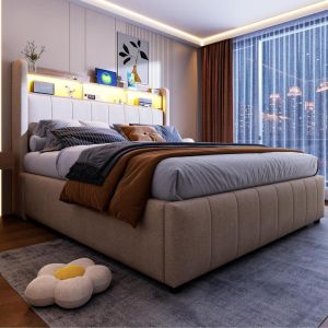 Cama doble tapizada con LED usb y almacenaje 140x200cm beige