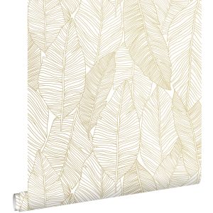Estahome papel pintado hojas dibujadas blanco y oro 53 cm x 10.05 m