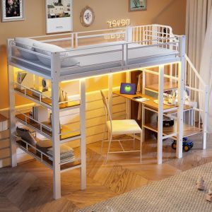 Cama alta 90x200 cm con escritorio, estantería y LED metal – color blanco