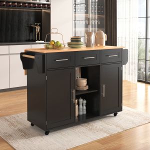 Isla de cocina abatible 3 cajones negro+natural 91,5x139x46cm