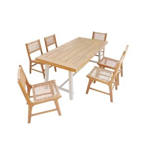 Mesa interior/exterior de madera de acacia y metal con 6 sillas de resina