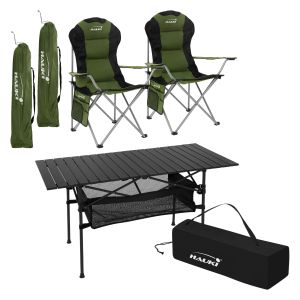 Muebles de camping mesa y 2 sillas caqui plegables mobiliario acampada