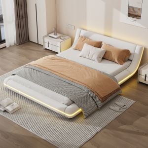 Cama tapizada 140x200cm con LED ambiente pu – color blanco