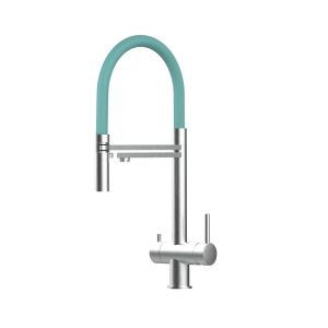 Grifo de cocina 4 vías acero inox ducha 2 chorros, cepillado/turquesa
