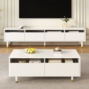 Mueble para televisión+mesa de centro,blanco+dorado