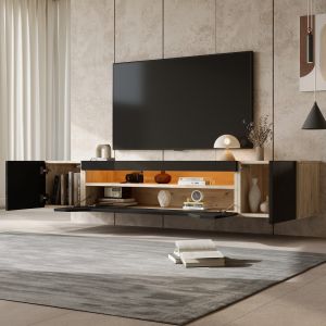 Mueble de tv suspendido para salón 3 puertas negro y madera 36x180x37cm