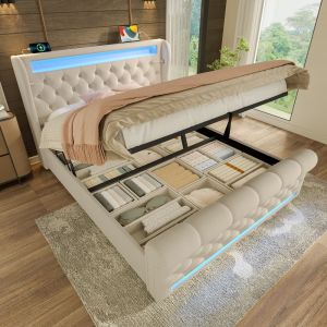 Cama tapizada 140x200 cm con LED, carga y canapé terciopelo – beige