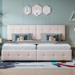 Cama abatible con almacenaje 180x200cm tapizada terciopelo beige