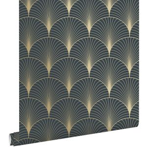 Estahome papel pintado arte deco azul oscuro y oro 53 cm x 10.05 m