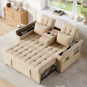 Sofá cama 2 plazas algodón y lino beige con respaldo ajustable y almacenaje