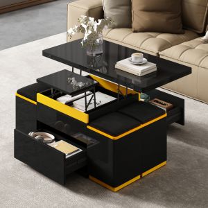 Mesa de centro elevable y plegable con 4 taburetes negro 43x100x50cm