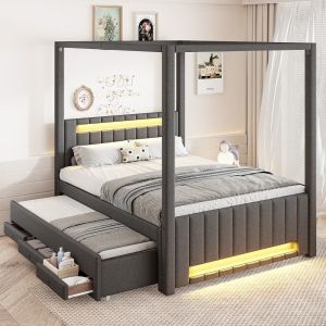 Cama tapizada con dosel 140x200cm con cama nido 3 cajones y luz LED lino