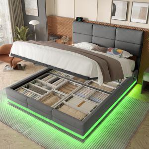 Cama tapizada 140x200 cm con base elevable, luz LED y usb – gris