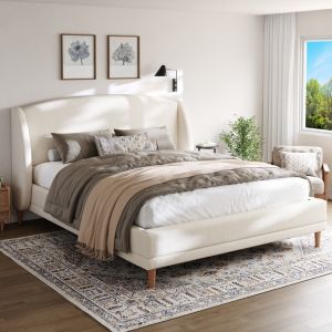 Cama tapizada 140x190 cm con cabecero de orejas bouclé – blanco