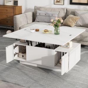 Mesa de centro elevable doble con almacenaje oculto blanca 43x100x50cm