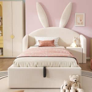 Cama infantil velour con orejas de conejo y baúl 90x190cm beige