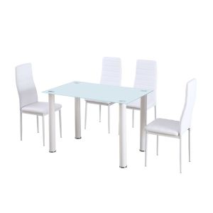 Mesa de cristal templado + 4 sillas polipiel. Comedor o cocina, blanco