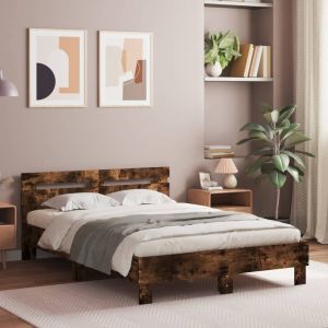 Cama cabecero y luces LED roble ahumado 120x200cm