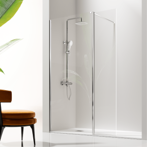 Mampara fija ducha 125  cm + puerte abatible giro transparente