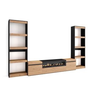 Muebles salón, 320x35x186cm, roble y negro, chimenea eléctrica rf2604