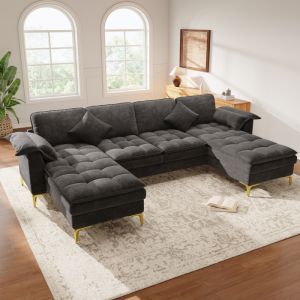 Sofá modular en u chenilla gris 4-5 plazas con doble chaise longue