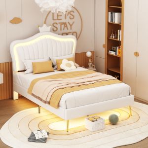 Cama tapizada 90x200cm con LED y cabecero ajustable pu – blanco