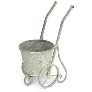 Jardinera con ruedas de metal gris