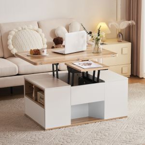 Mesa de centro elevable 2 en 1 con 2 cajones blanco y madera 47x100x51cm